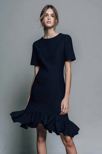 Round Neck Sheath Black Work Dress with Ruffles